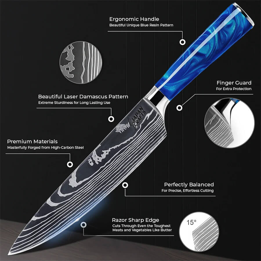 Japanese Chef Knife Set - Blue Epoxy + Designer Magnetic Knifeblock